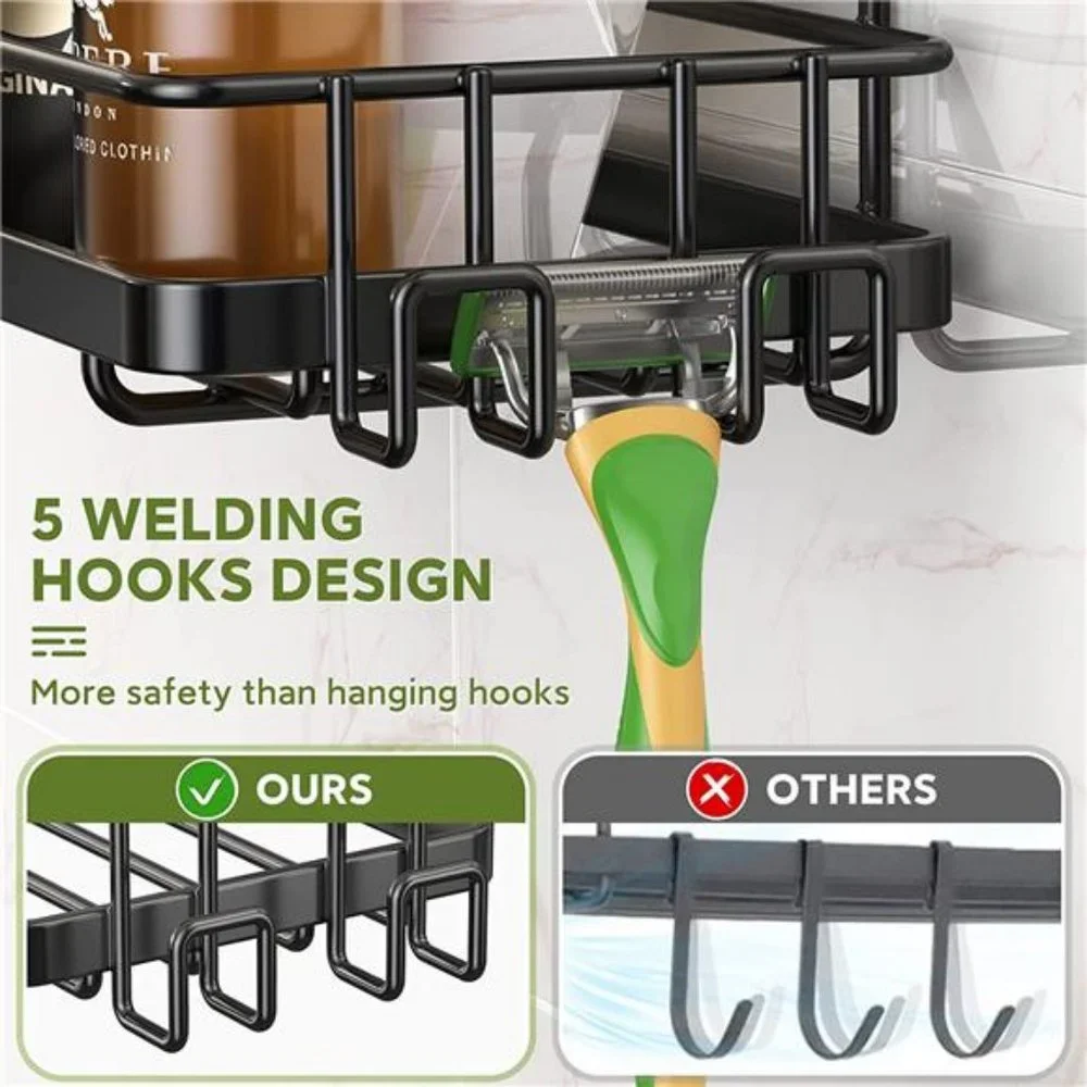 Shower Caddy Adhesive Shower Organizer with 5 Hooks, 2 Pack No Drilling -Black